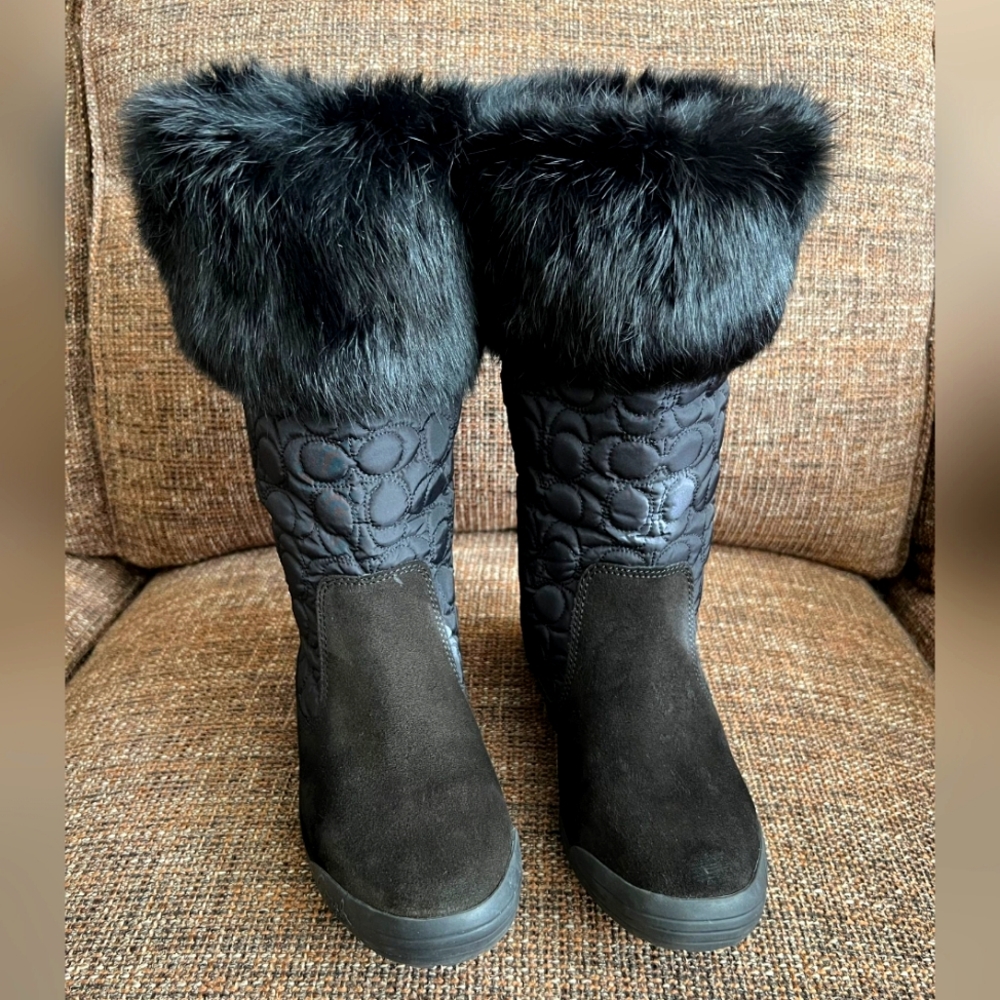 Coach Black Talon Suede Nylon Fur Winter Boots,  Size 7